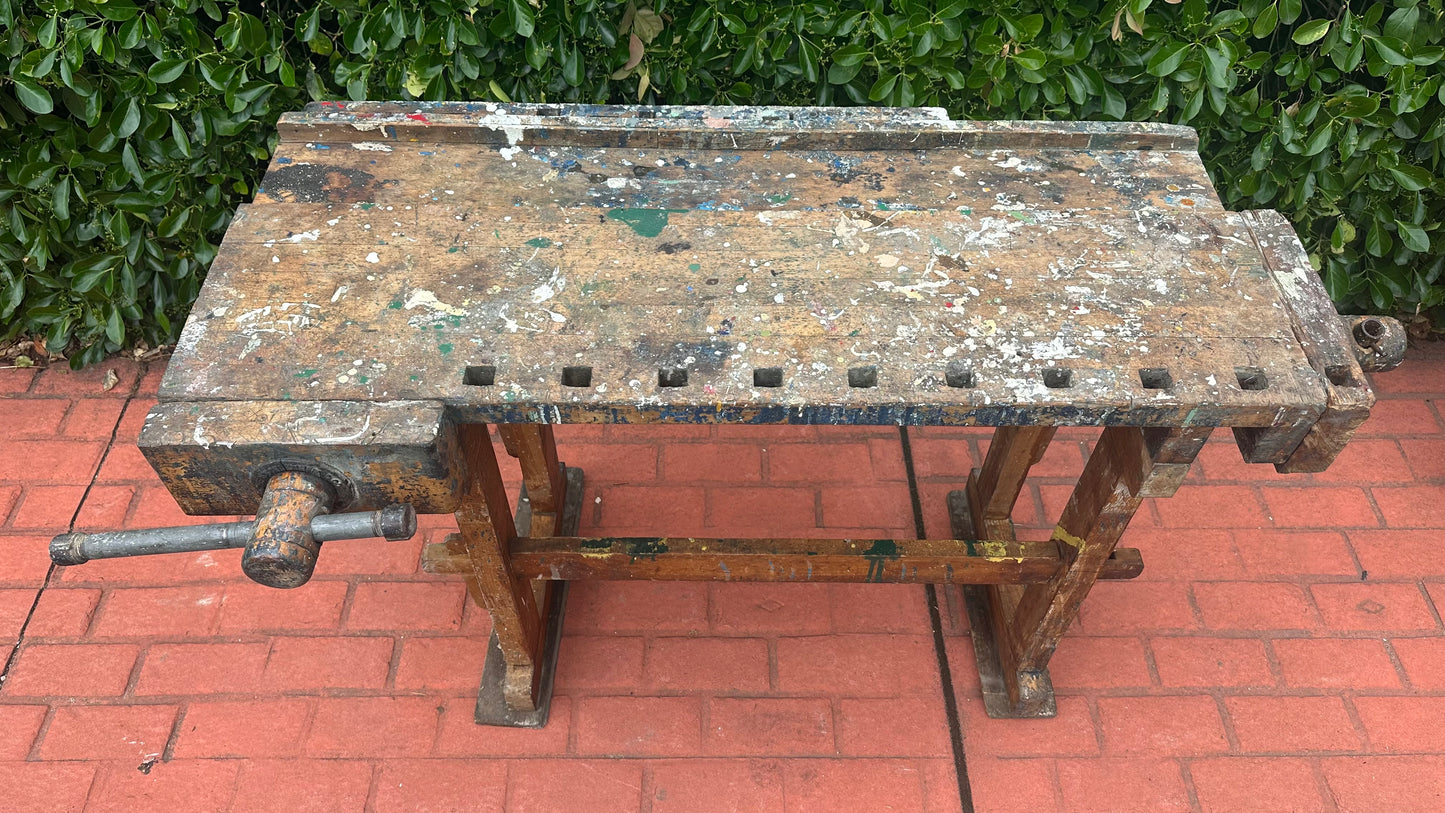 Vintage American work bench with splattered paint.