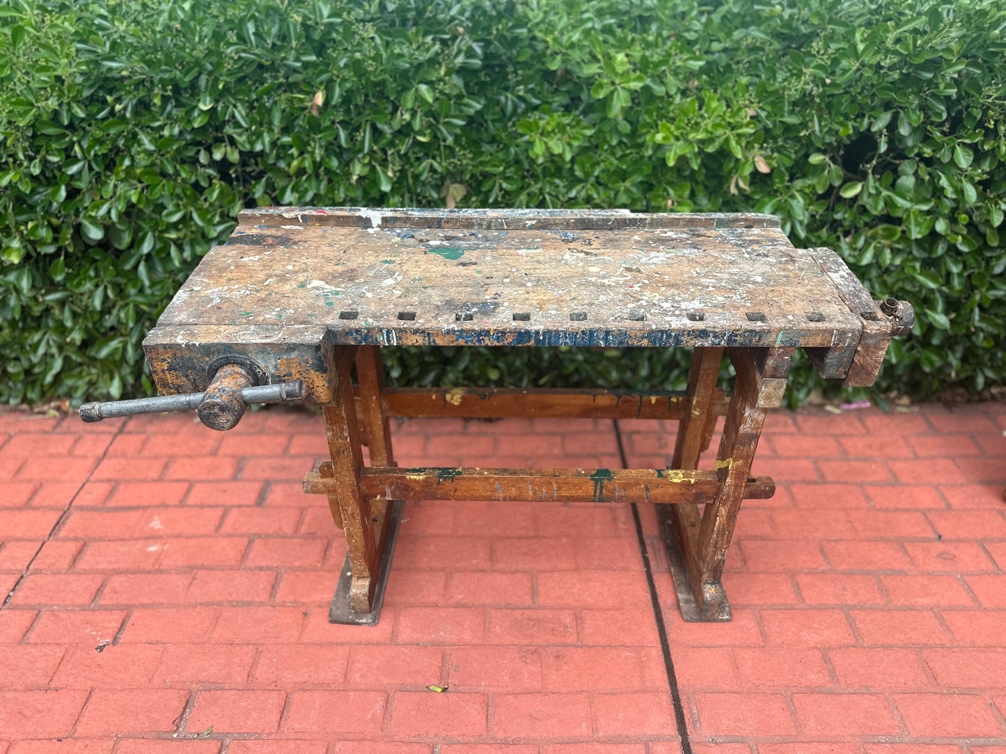 Vintage American work bench with splattered paint.