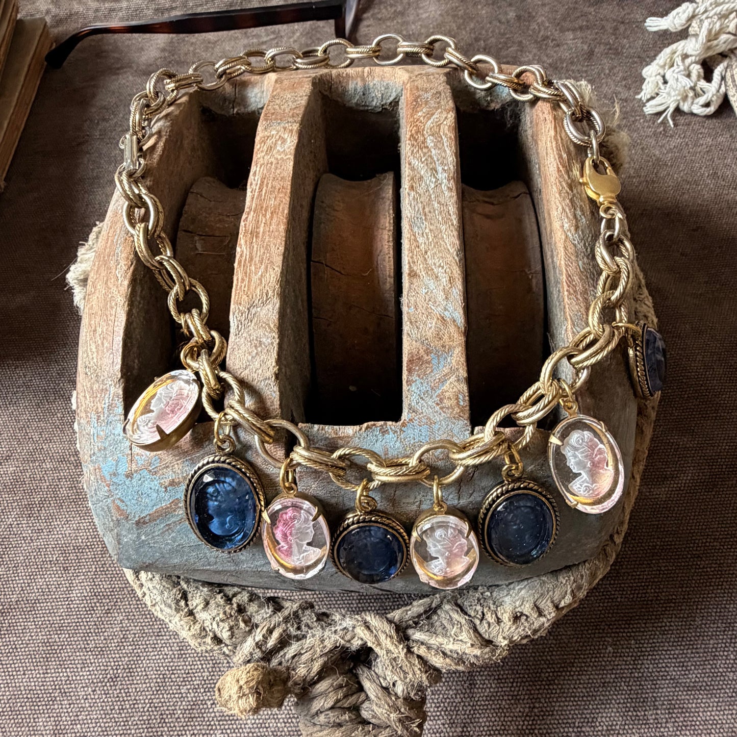 Vintage Gold Charm Necklane/ Bracelet with Glass Cameos