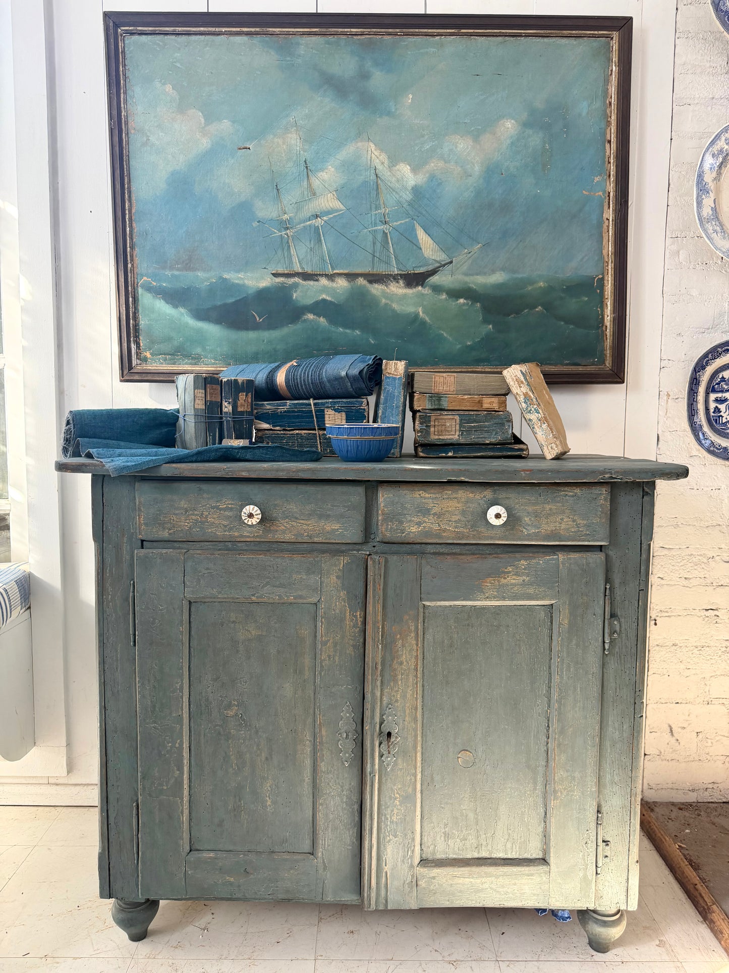 Large Antique Oil on Canvas. Ship at Sail