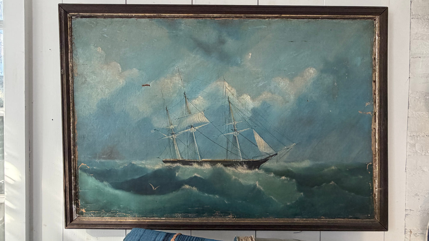 Large Antique Oil on Canvas. Ship at Sail