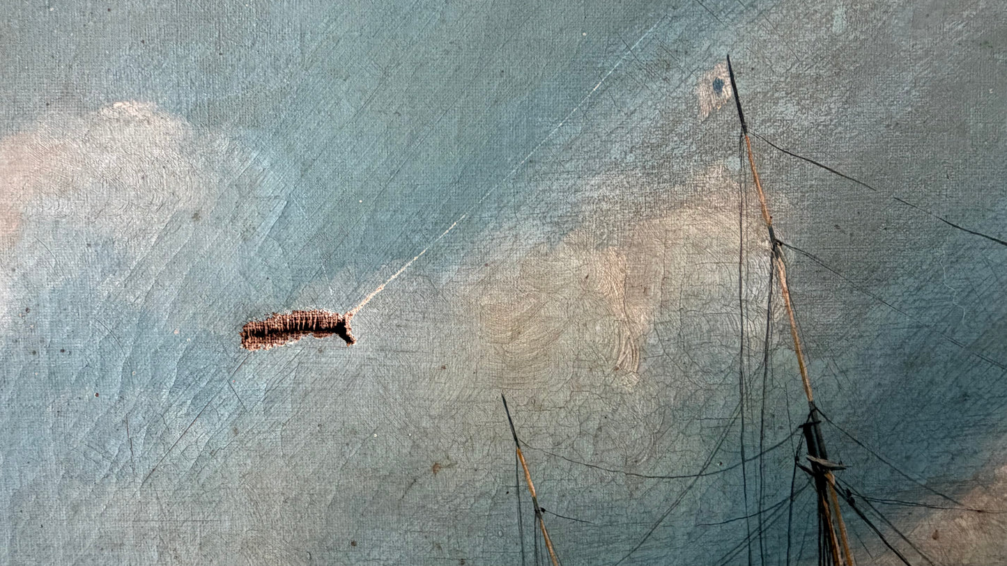 Large Antique Oil on Canvas. Ship at Sail