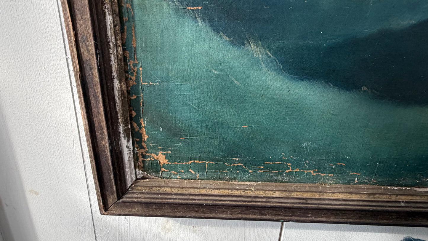 Large Antique Oil on Canvas. Ship at Sail