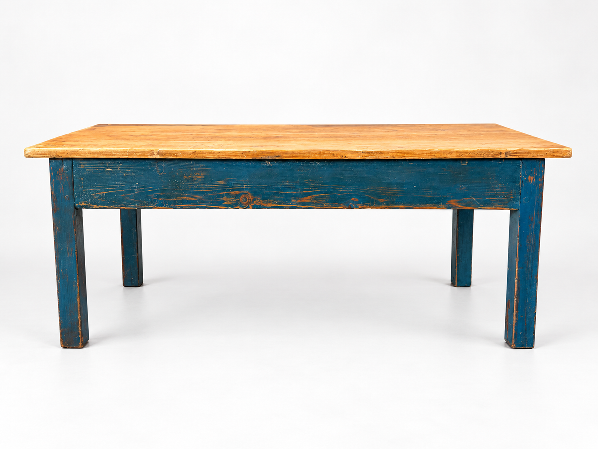 Vintage Pine Coffee Table with old Blue Painted Base