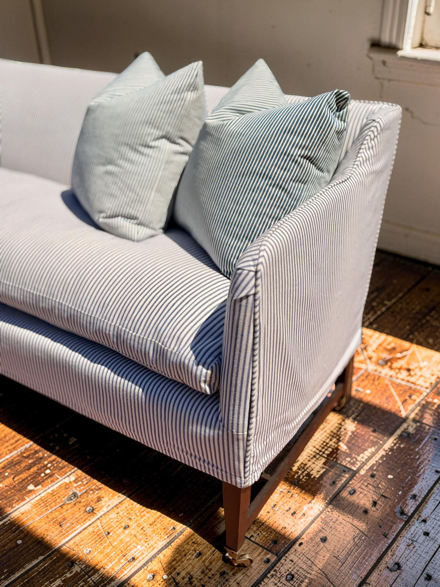 Vintage Elegant Sofa With High Back, Striped Ticking Slipcover