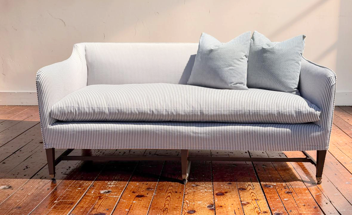 Vintage Elegant Sofa With High Back, Striped Ticking Slipcover