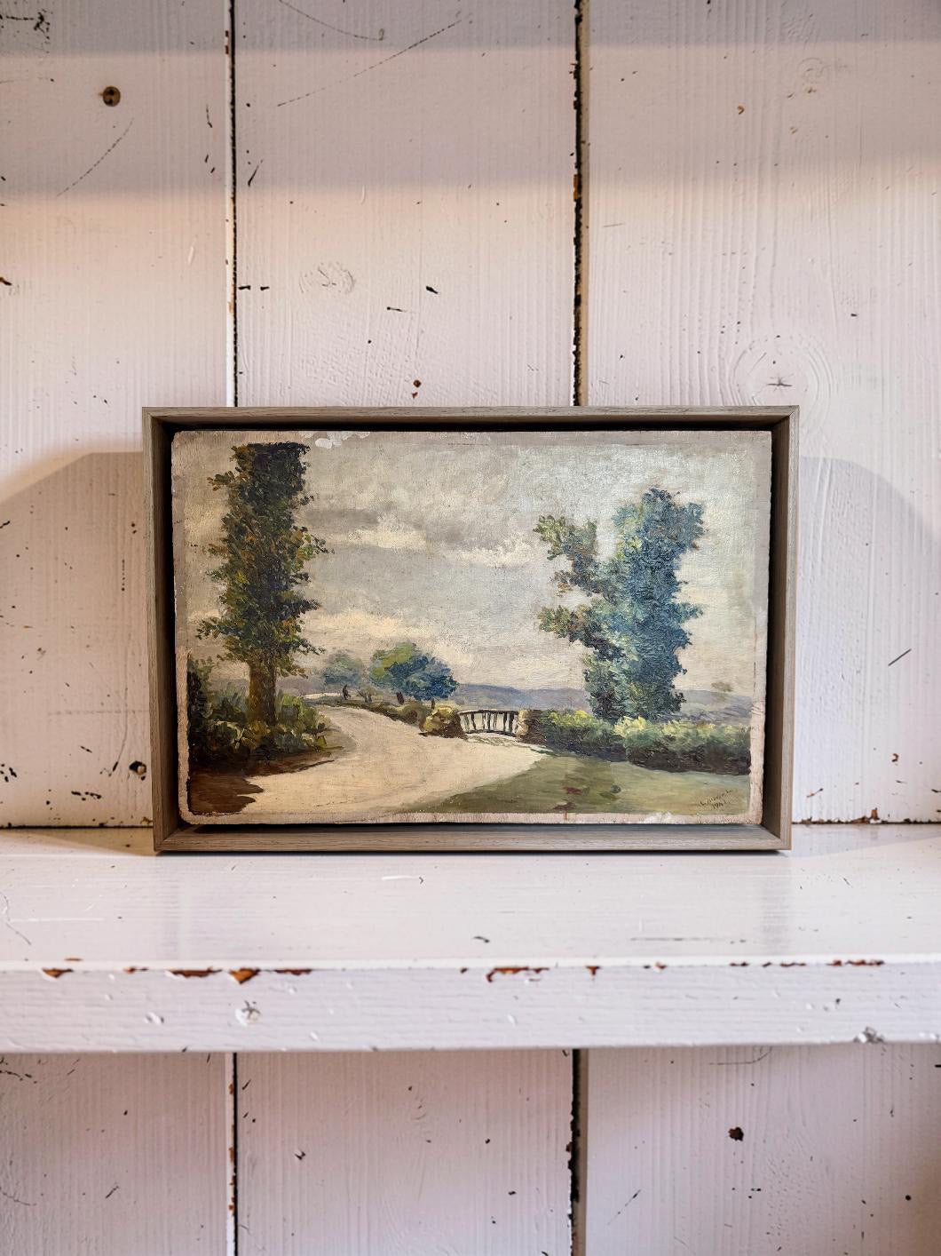 French Landscape Oil on Board in Floating Frame