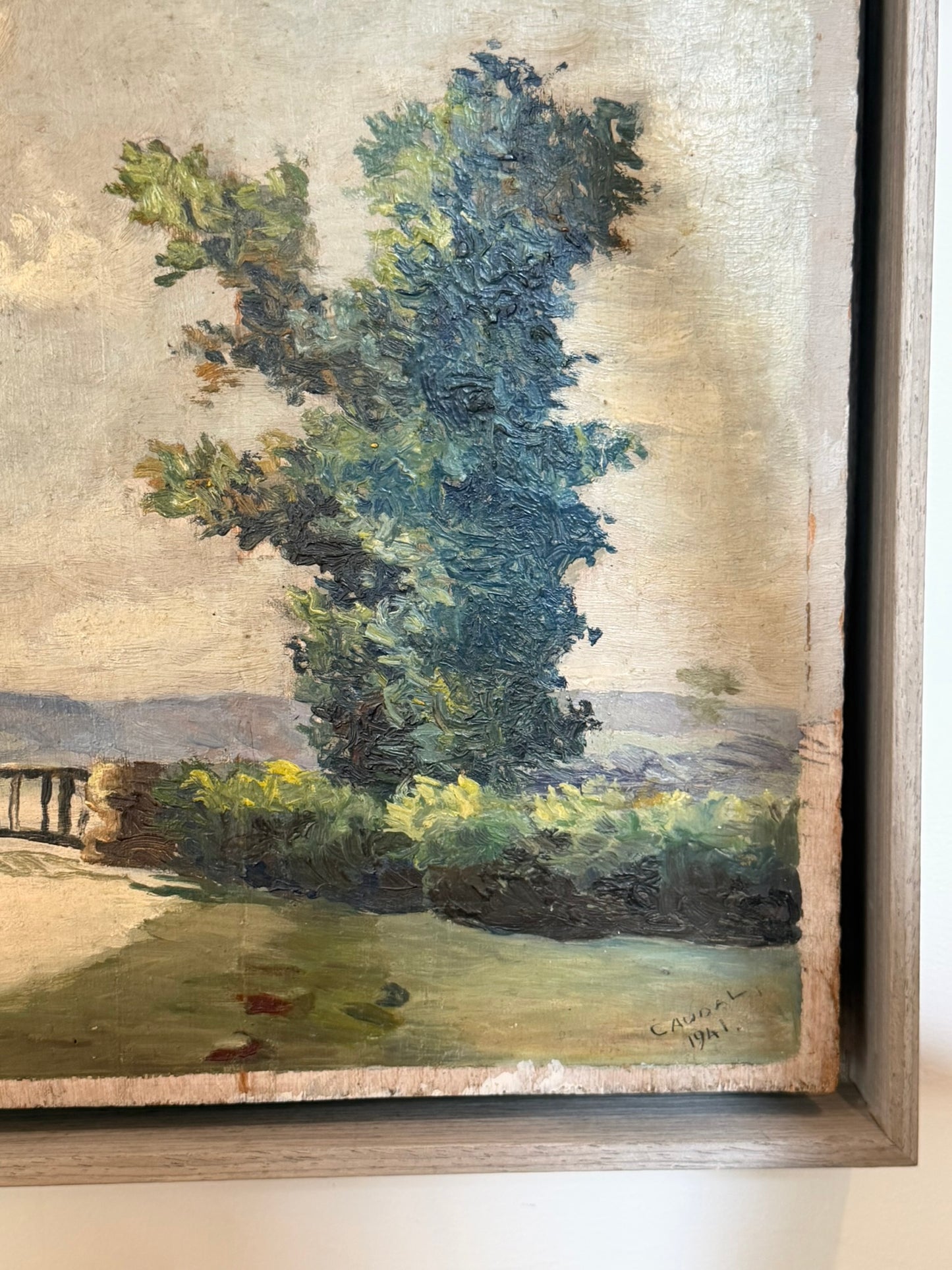 French Landscape Oil on Board in Floating Frame
