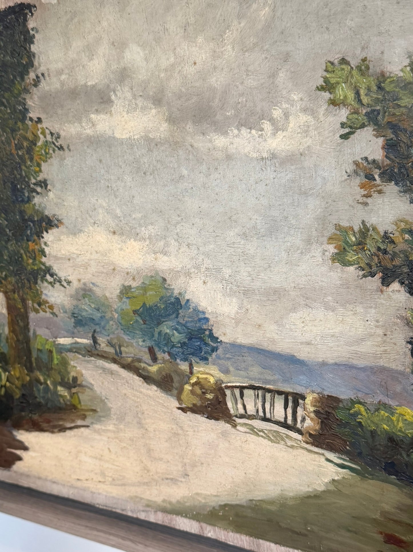 French Landscape Oil on Board in Floating Frame