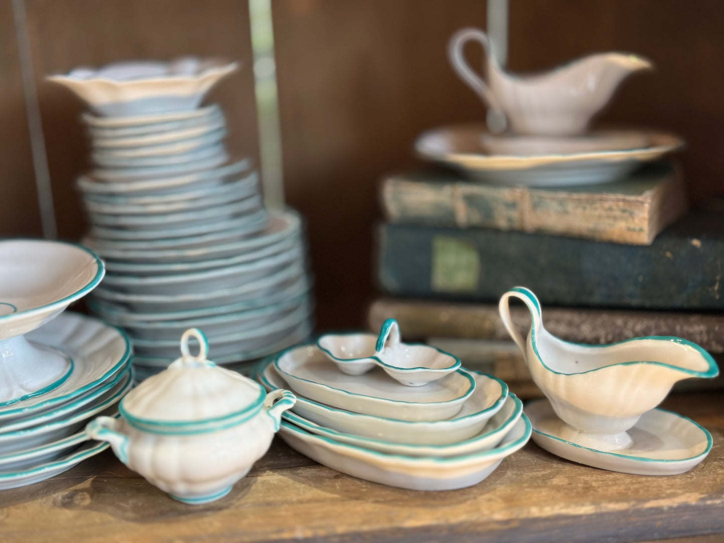 Gorgeous Extensive Miniature Dinner Set, in White & Turquoise China