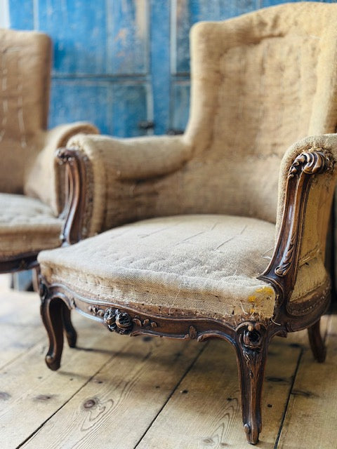 Sold! Pair French Bergère Armchairs in Louis XV Style