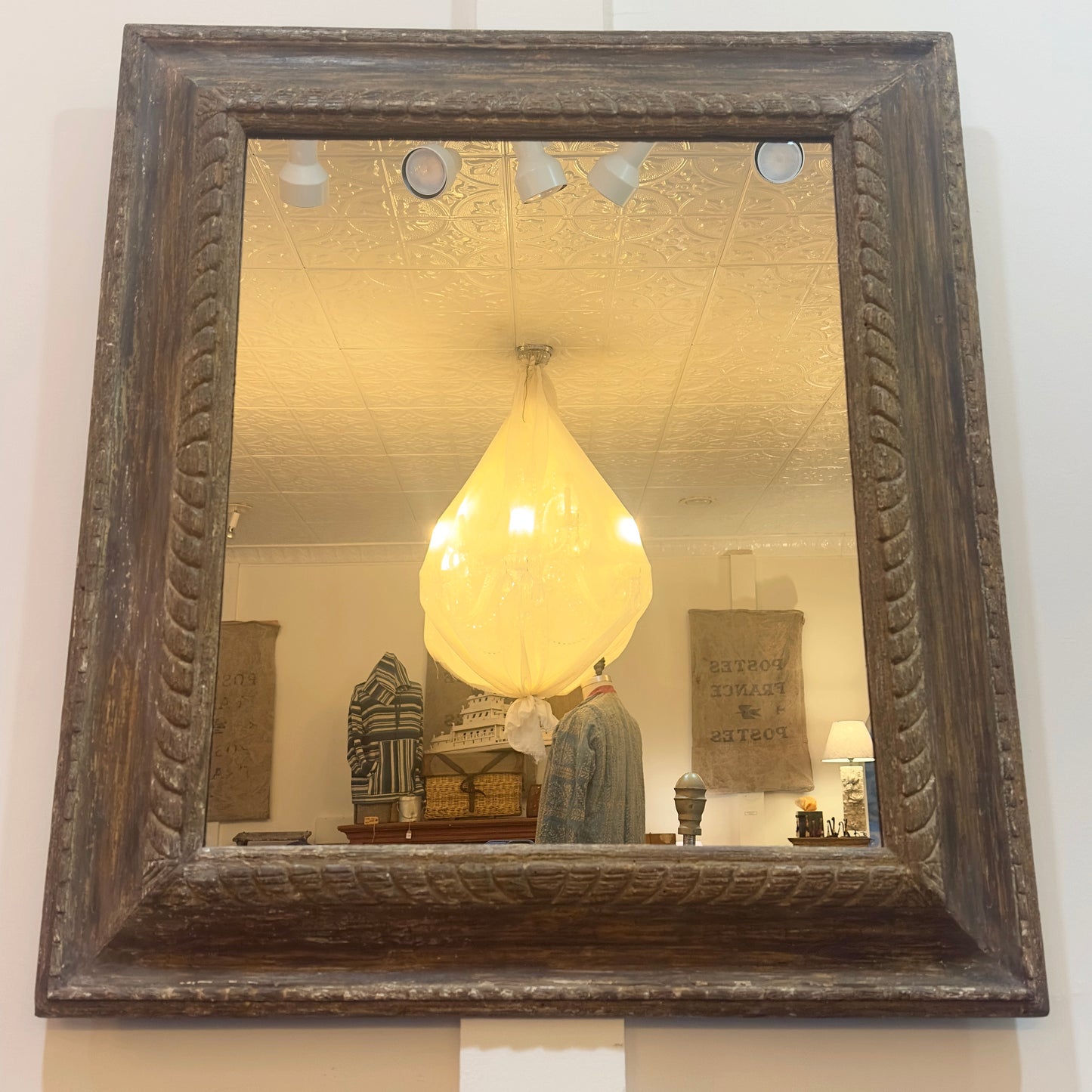 19th C Italian Pine Frame with Distressed Painted finish, New Mirror