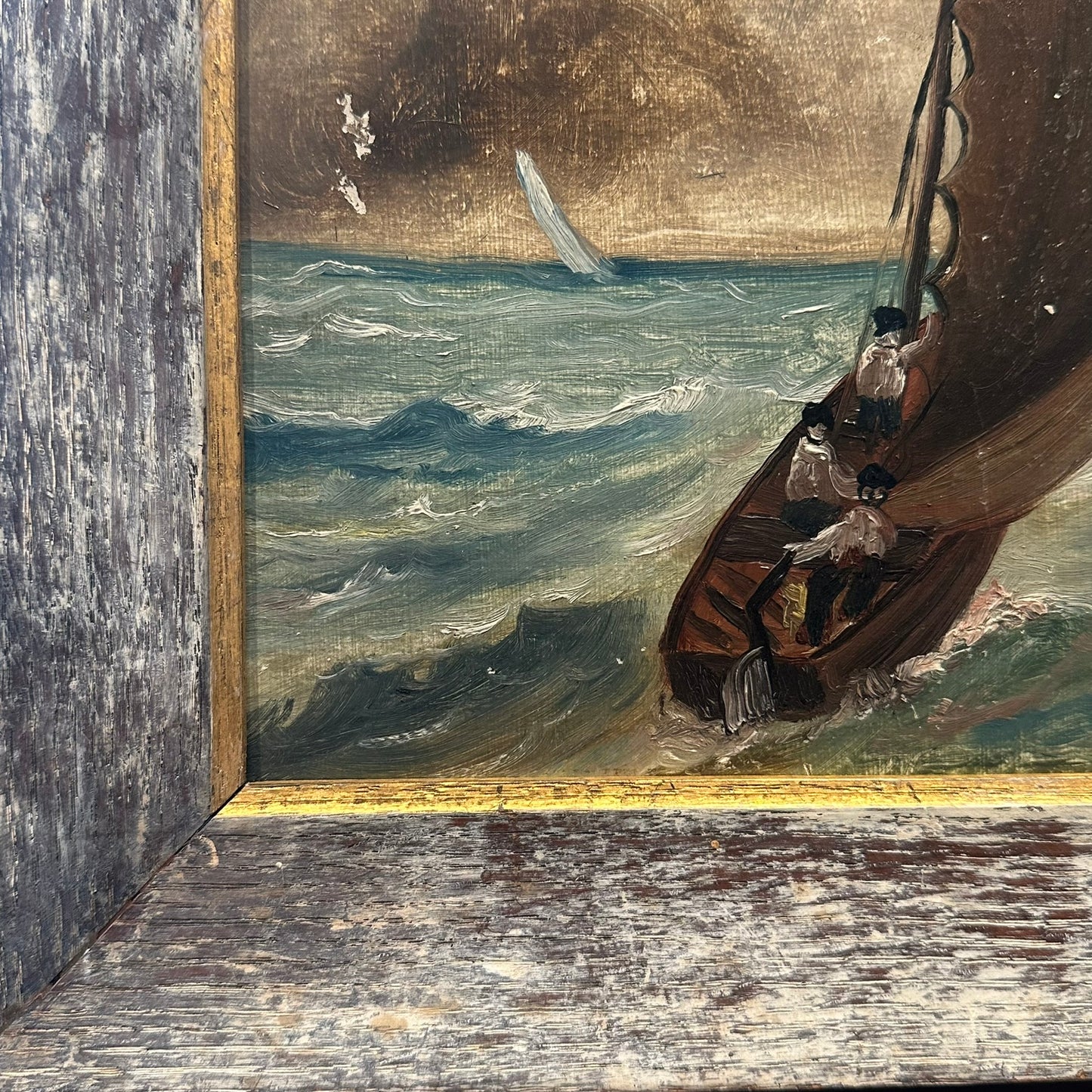 Small Oil on Board, Ship in a Storm, Dutch
