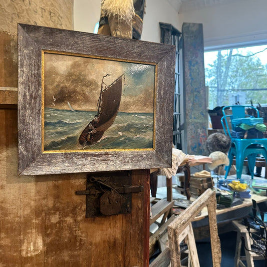 Small Oil on Board, Ship in a Storm, Dutch