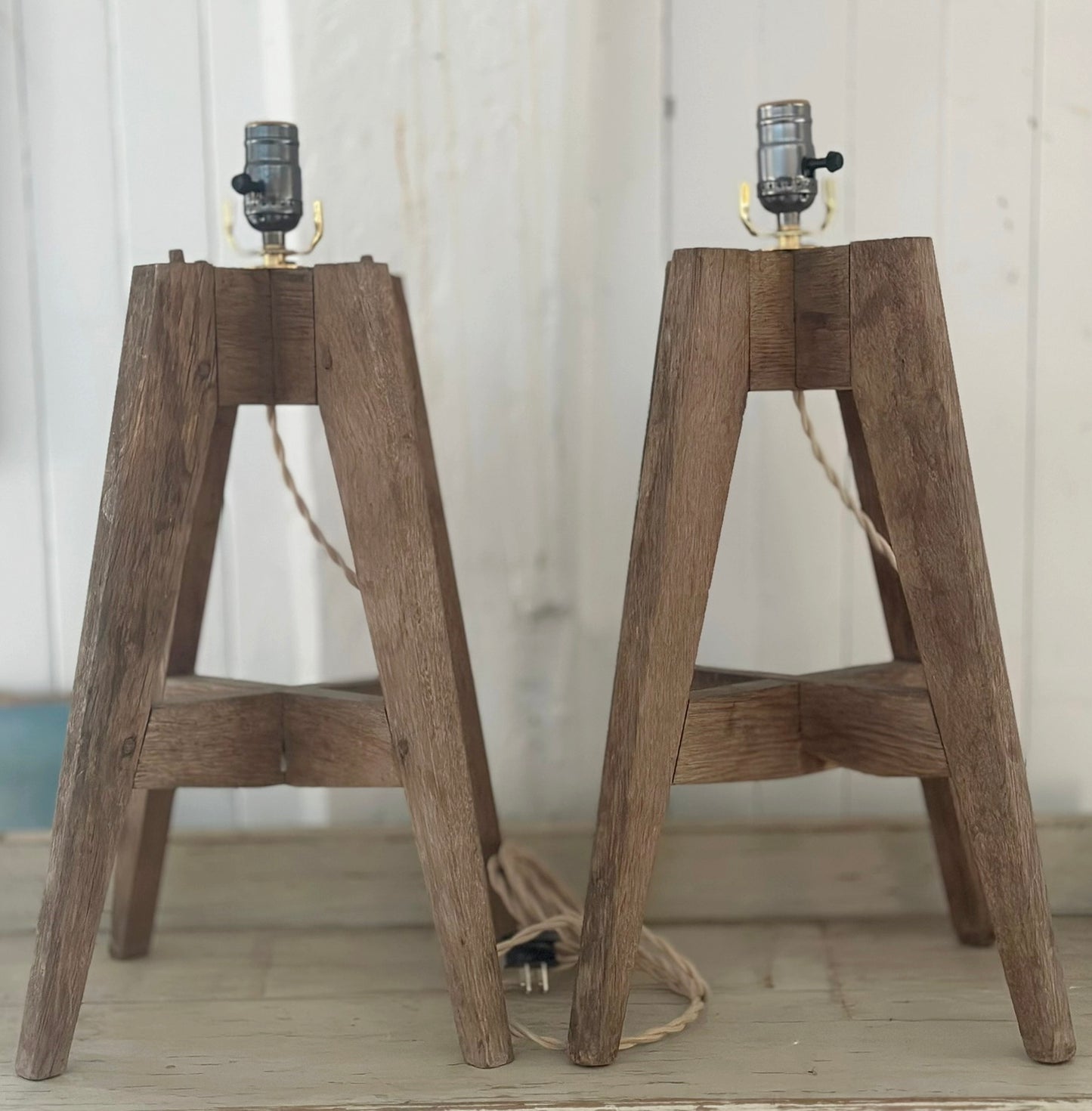 Pair French Oak Table Lamps in Natural Wood