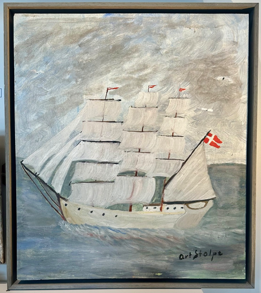 Folk Art Style Painting of a Frigate Ship Under Sail