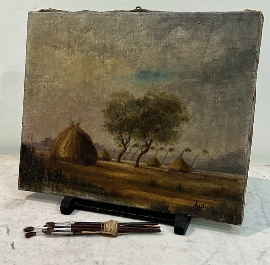 French 19th Century Oil Painting of Hay Stacks in a Field