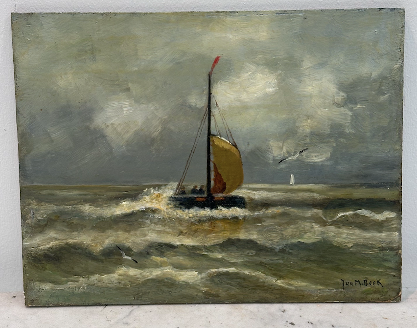 Small Dutch Oil on Board of a Sailboat and Crew in Squally Weather