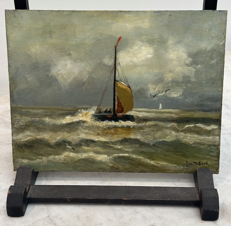 Small Dutch Oil on Board of a Sailboat and Crew in Squally Weather
