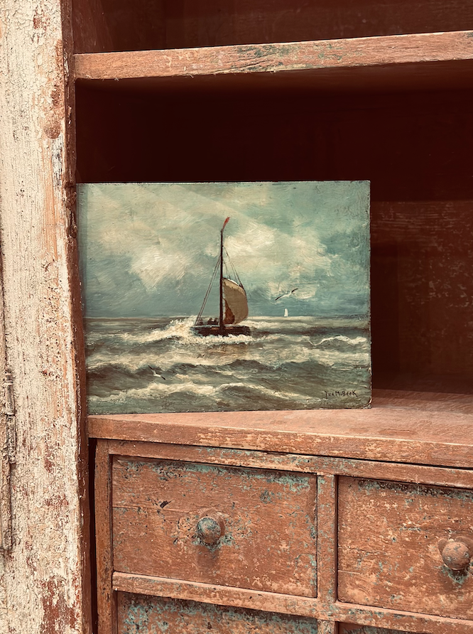 Small Dutch Oil on Board of a Sailboat and Crew in Squally Weather