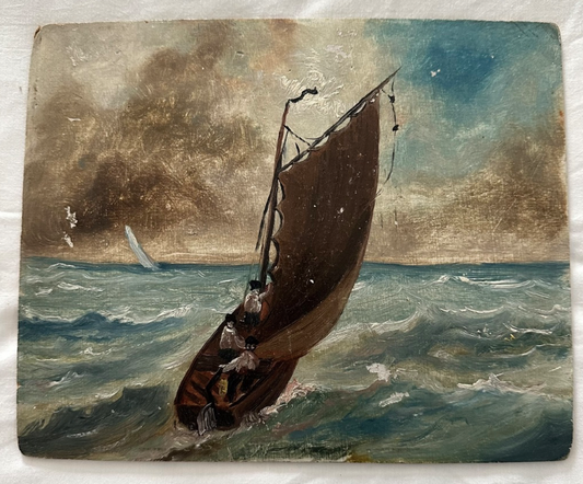 Small Oil on Board, Ship in a Storm, Dutch
