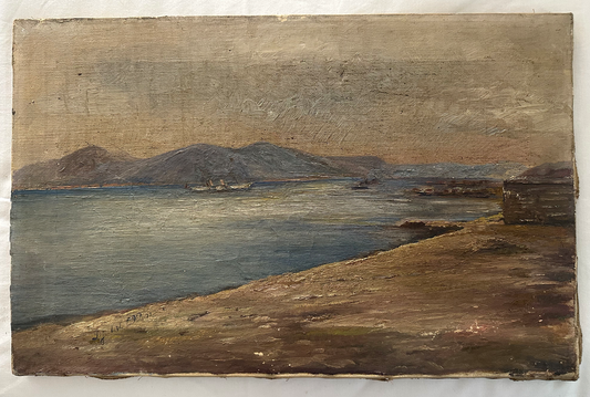 French 19th Century Oil Painting of a Lake & Beyond