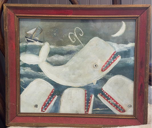 Folk Art Oil on Board of Whales