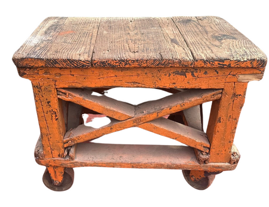 Wonderful Vintage Factory Trolley on Wheels in old Bright orange paint