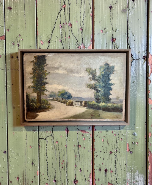 French Landscape Oil on Board in Floating Frame