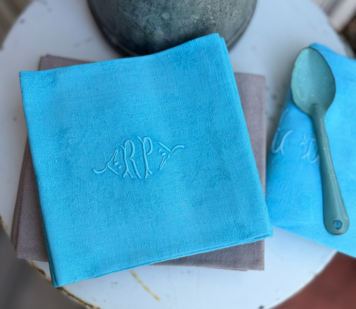French 19th Century Large Table Napkins - Bright Blue RP