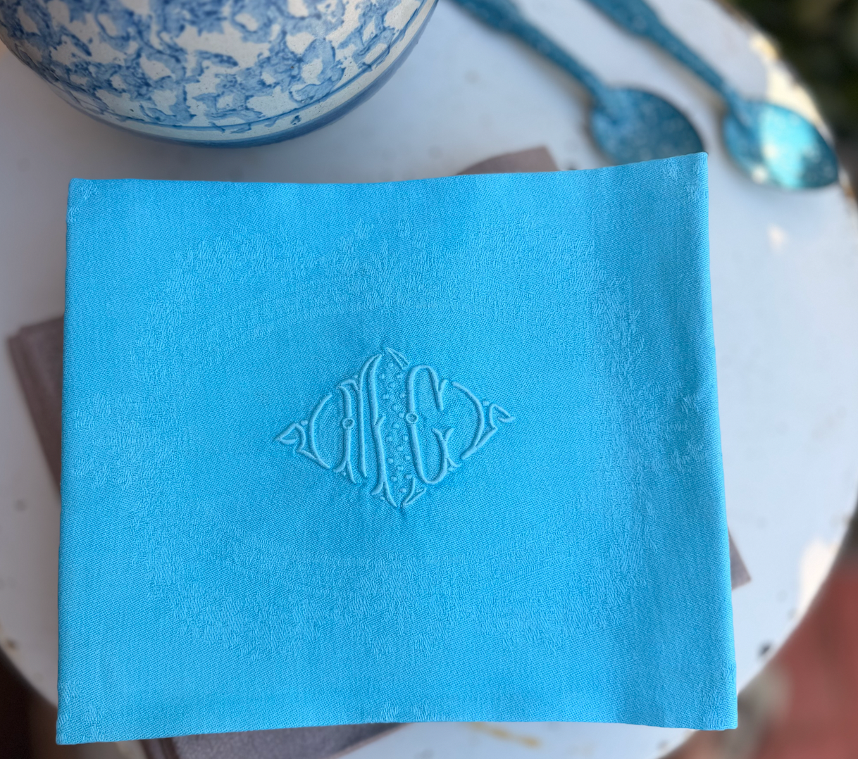 French 19th Century Large Table Napkins - Bright Blue MC