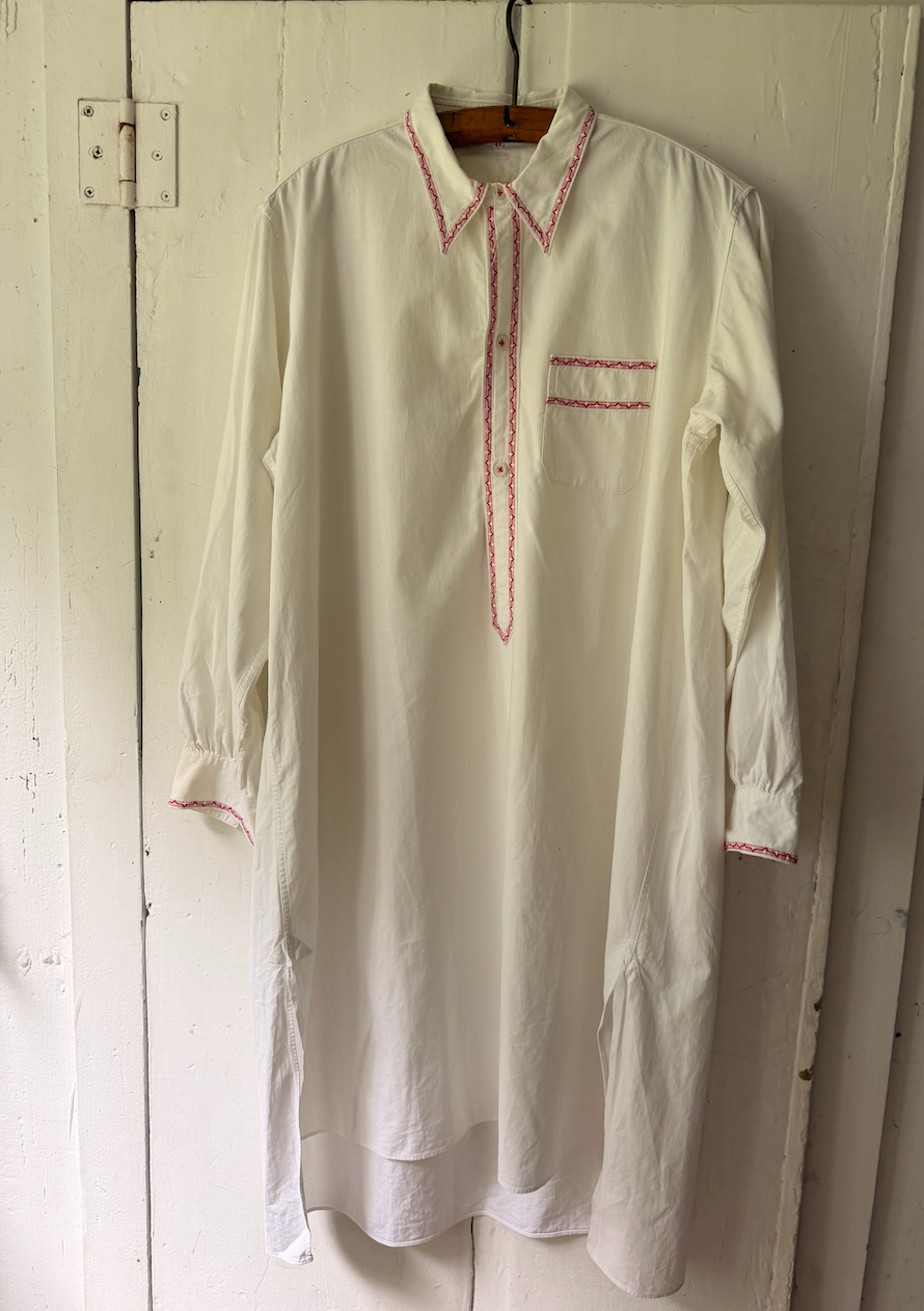 Vintage French Cotton Long Shirt with Red Trim