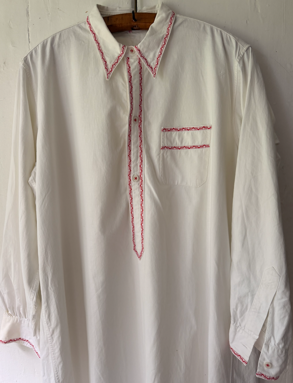 Vintage French Cotton Long Shirt with Red Trim