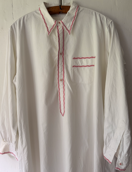 Sold :Vintage French Cotton Long Shirt with Red Trim