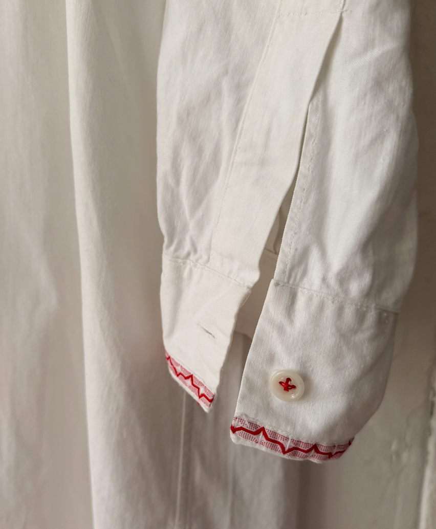 Vintage French Cotton Long Shirt with Red Trim