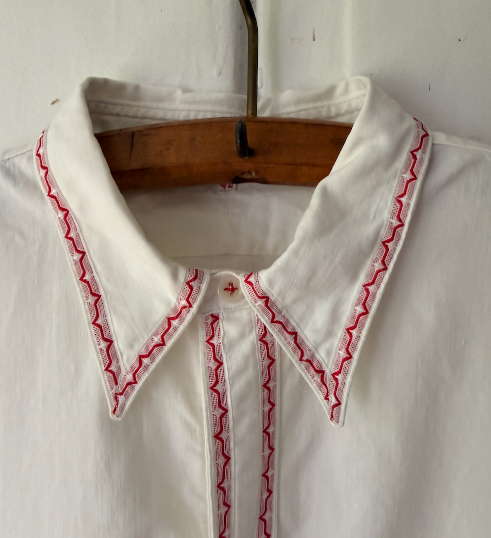 Vintage French Cotton Long Shirt with Red Trim