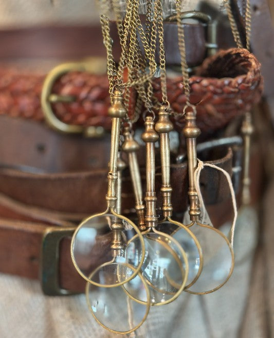 Vintage Style Antique Brass Magnifying Glass on long Brass Chain