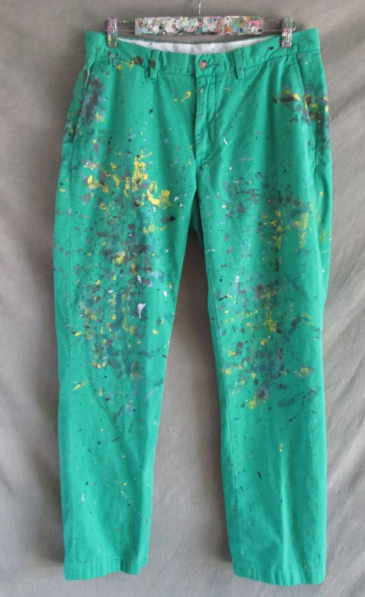 Upcycled Bright Green Ralph Lauren Polo Chinos Size 33/31, artist paint splatter limited edition