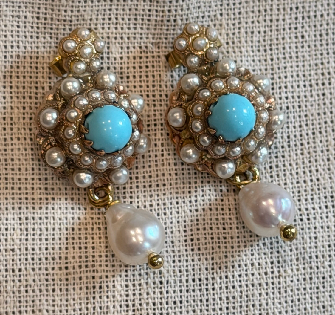 Italian Made Limited Edition Antique Style Earrings with Stones & Pearls