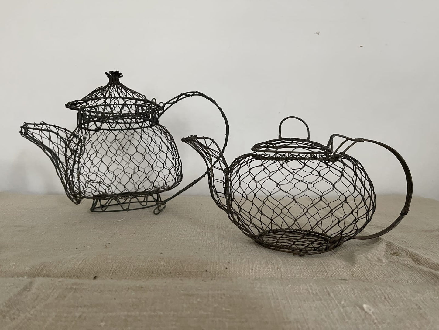 Unusual and Decorative Set of Three Wire Teapots. c 1950