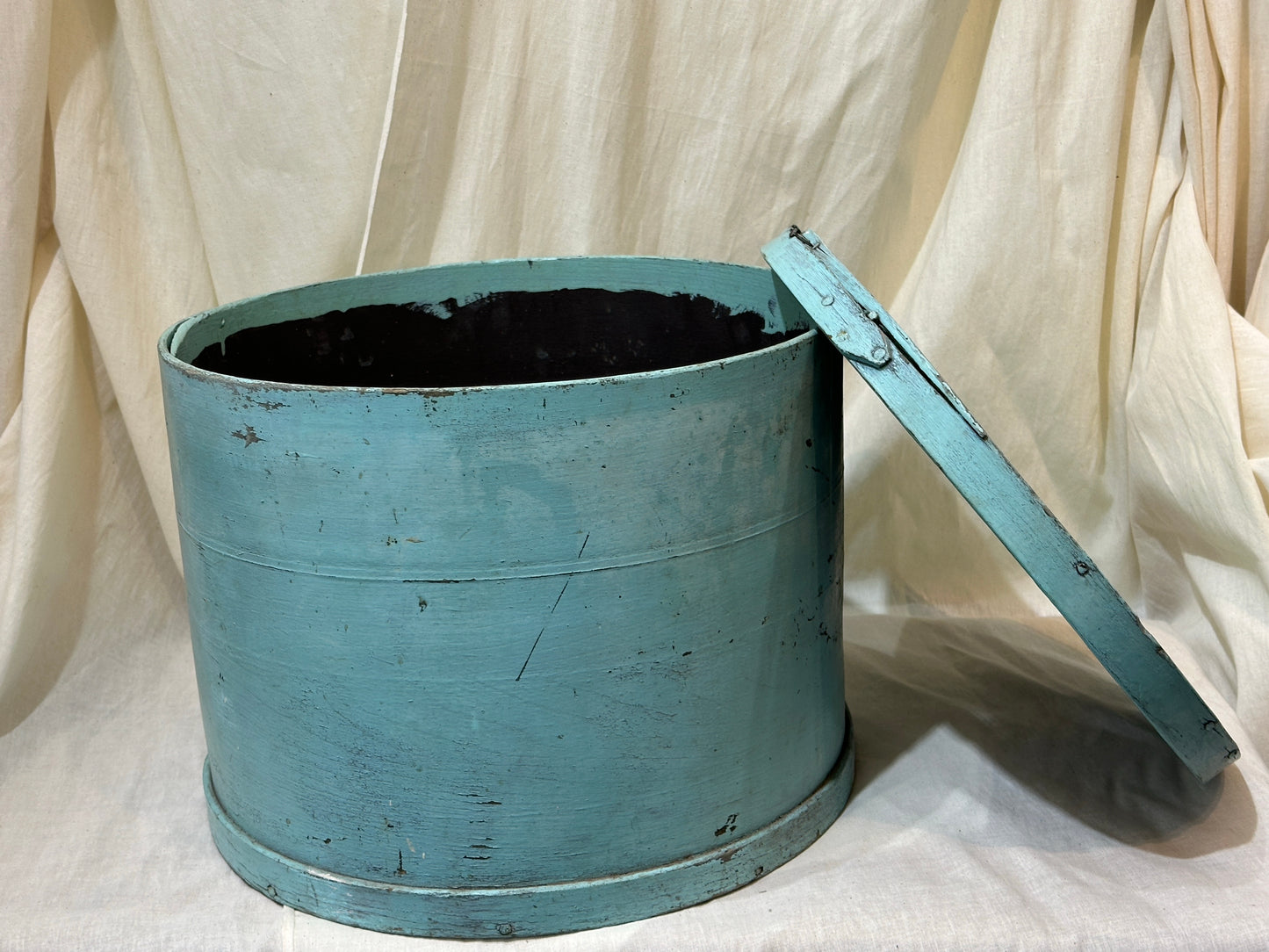 Large Round Wooden Container or Hat Box in Turquoise