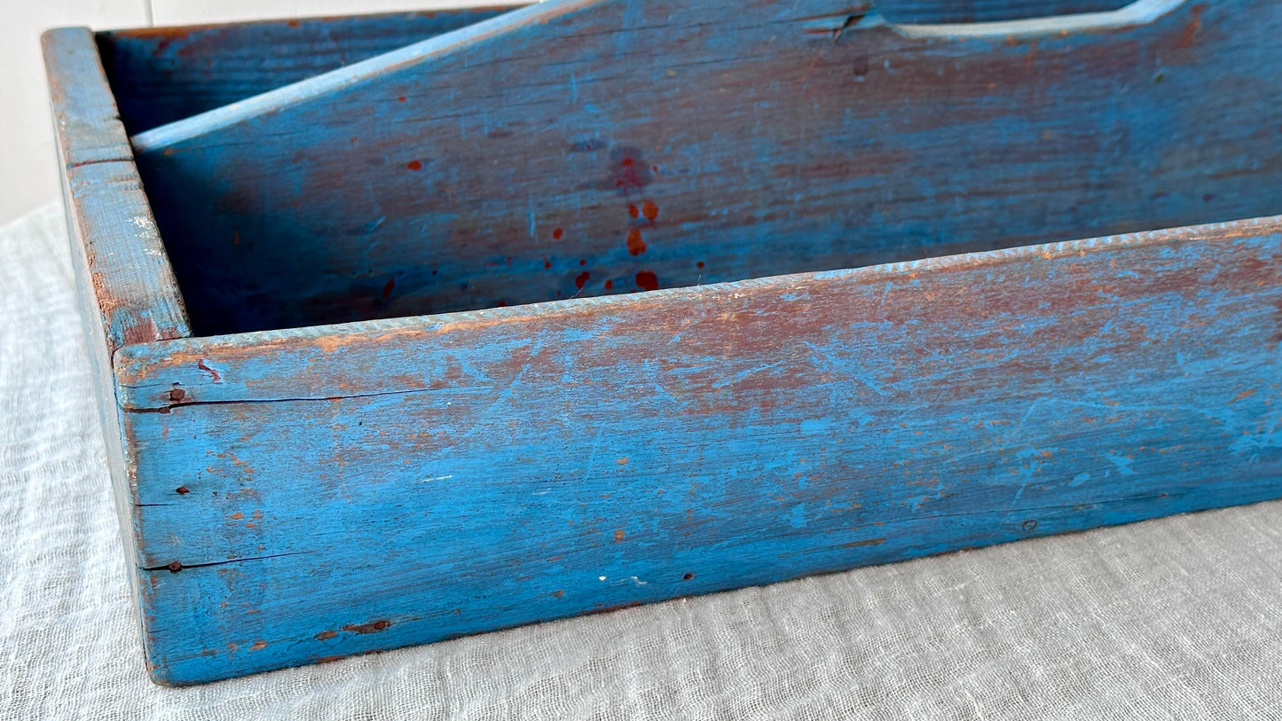 Large Blue Vintage Cutlery Tray in Wood