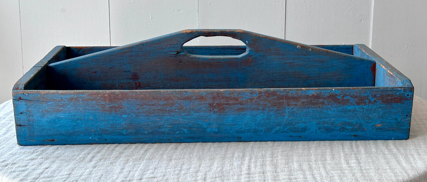 Large Blue Vintage Cutlery Tray in Wood
