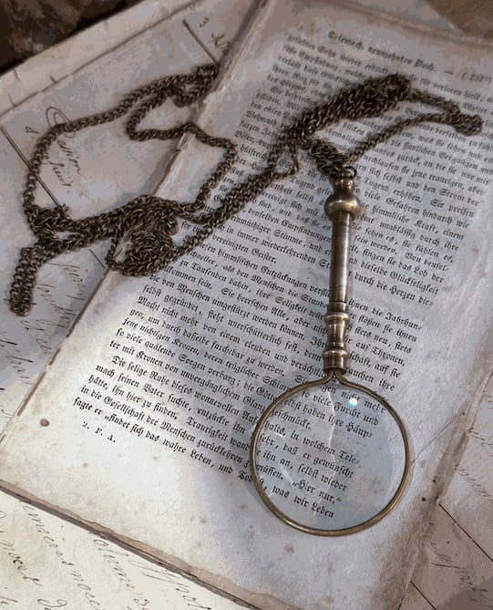 Vintage Style Antique Brass Magnifying Glass on long Brass Chain