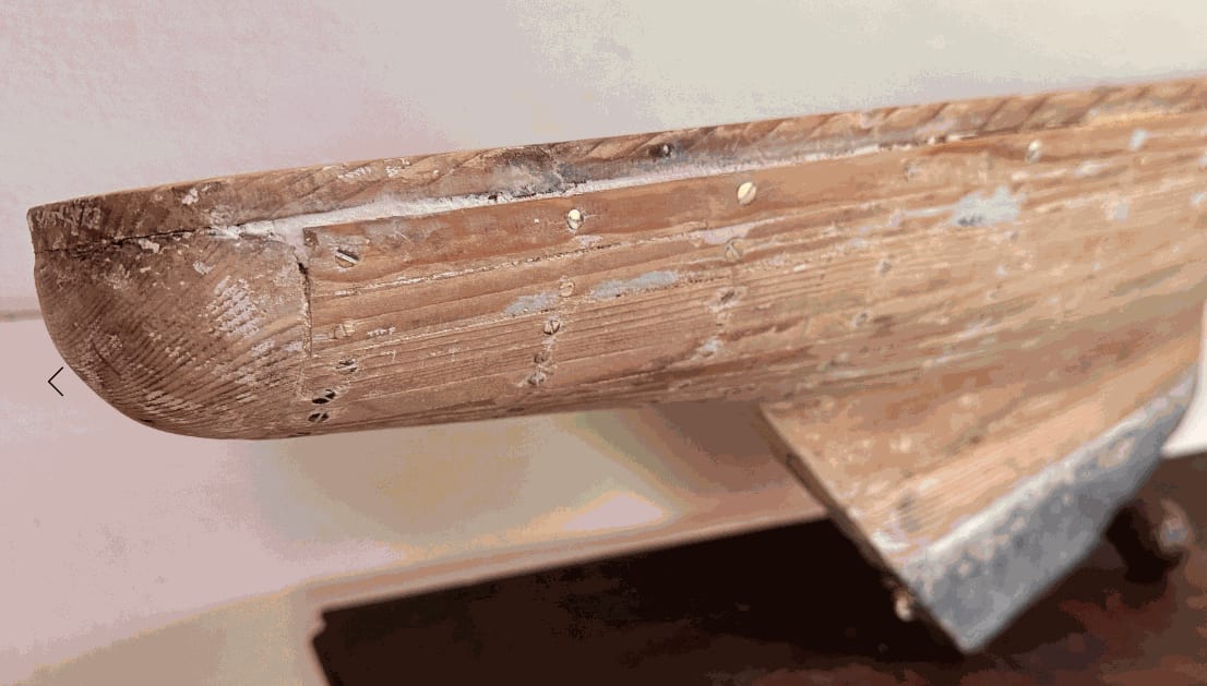 Lovely English Yacht Hull on pine stand, remains of old paint, with lead keel. c 1900